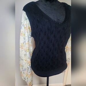 POL Mixed Media Floral Sleeve Black  Top. Size S. NWOT